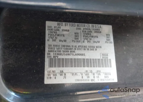 2001 Ford Expedition Xlt из США, поврежденный, VIN 1FMRU16W71LA90885